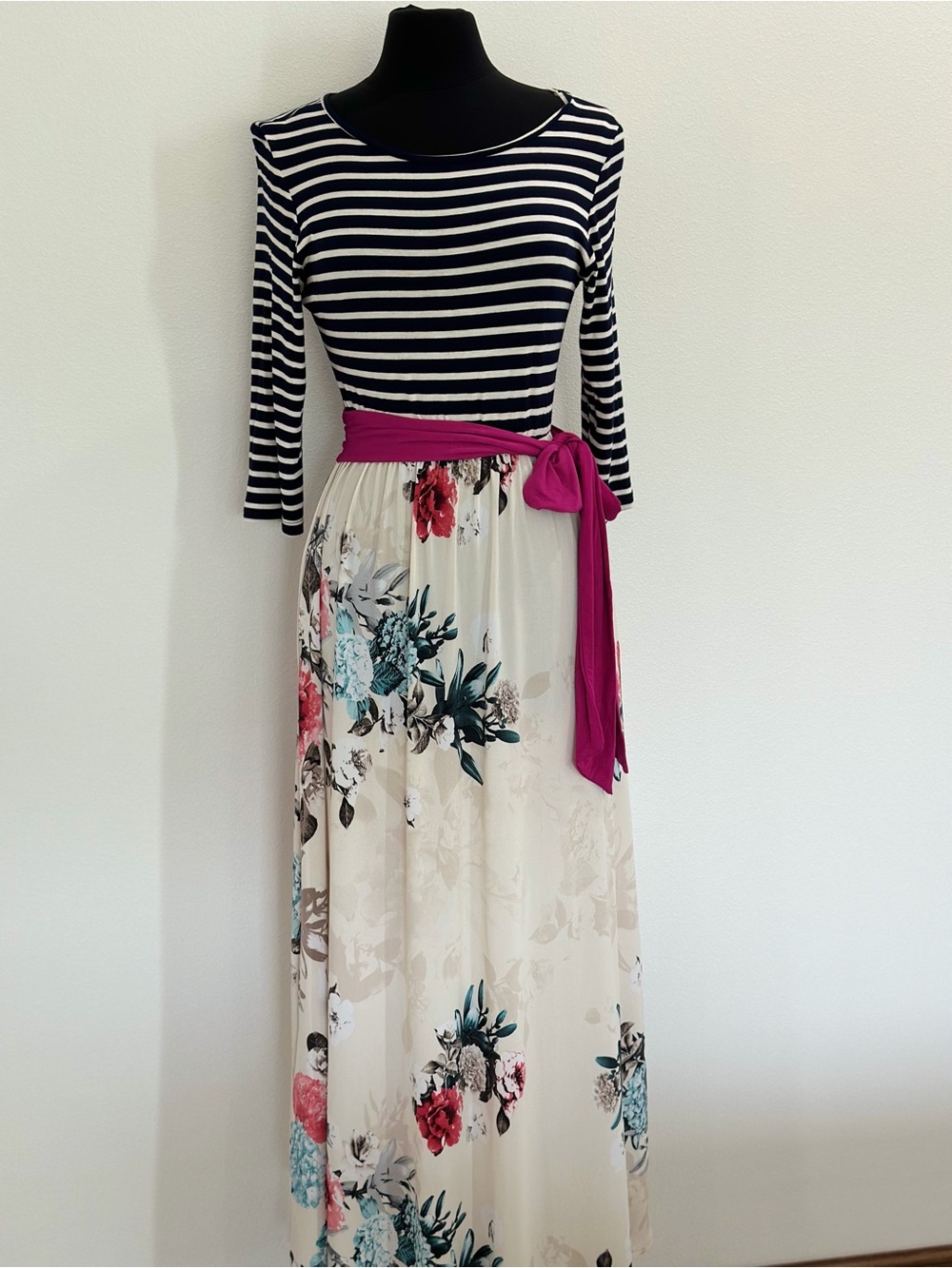 Striped Navy & Cream Floral Maxi Dress with Magenta Sash